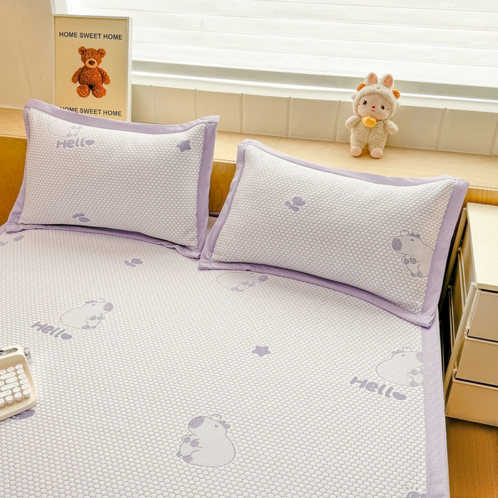 91家纺网 家纺一手货源 找家纺 绣女坊 2025新款冰豆豆提花凉席三件套 卡皮巴拉紫