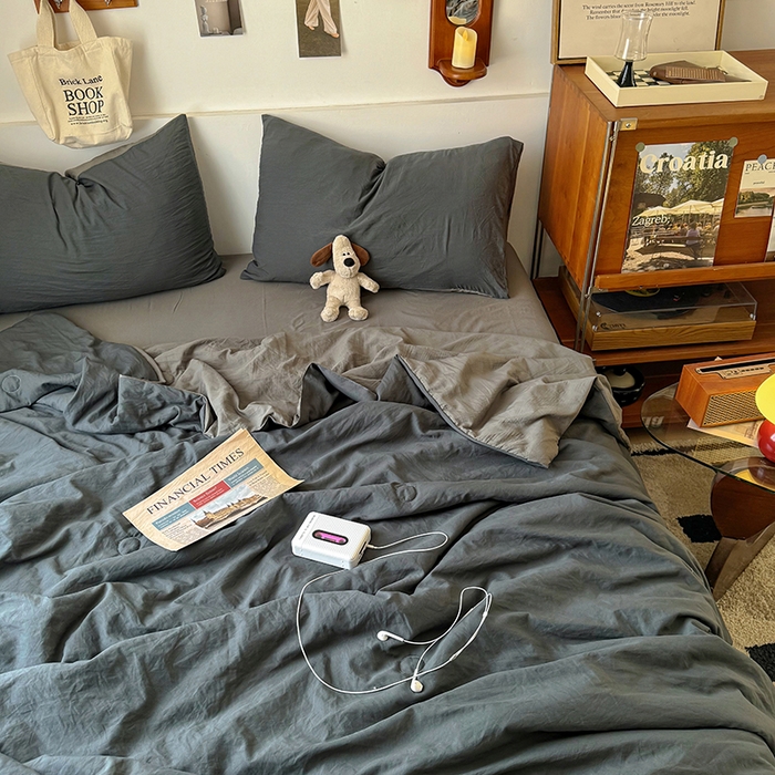 91家纺网 家纺一手货源 找家纺 耀达家居 2025新款水洗棉双拼夏被四件套 高级灰➕烟灰