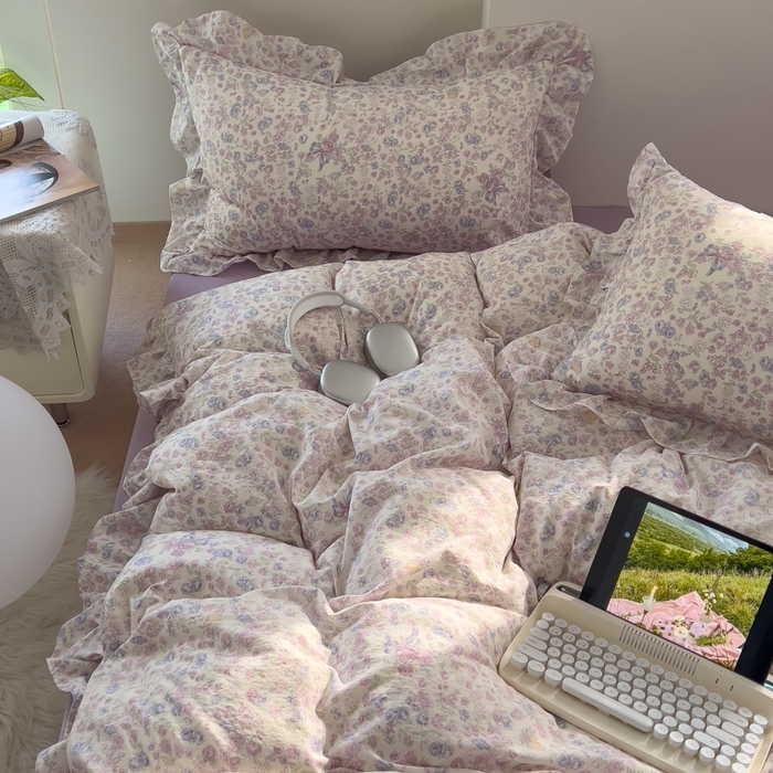 91家纺网 家纺一手货源 找家纺 希丞家居 2025新款云感提花双层纱花边四件套 花海