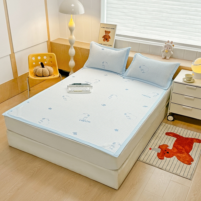 91家纺网 家纺一手货源 找家纺 绣女坊 2025新款冰豆豆提花凉席三件套 卡皮巴拉-蓝