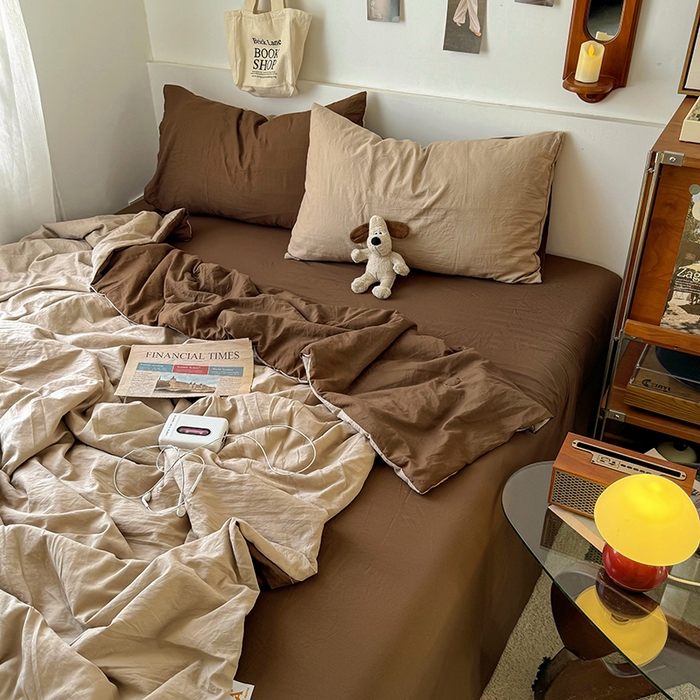 91家纺网 家纺一手货源 找家纺 耀达家居 2025新款水洗棉双拼夏被四件套 奶茶➕咖啡