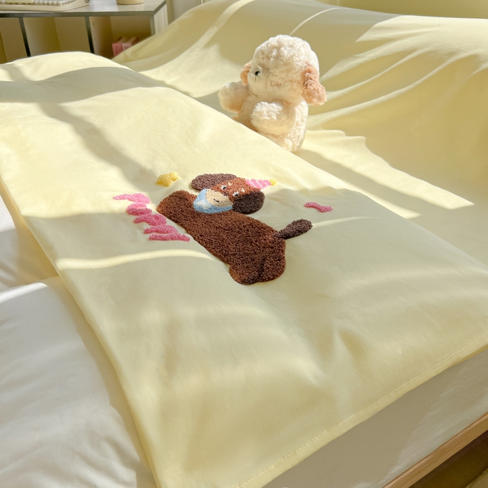 91家纺网 家纺一手货源 找家纺 柒星睡袋 2025新款款40支全棉纯色毛巾绣可拆分隔脏睡袋 帕皮狗 月光黄