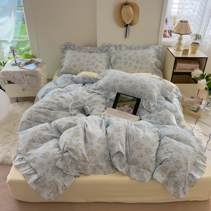 91家纺网 家纺一手货源 找家纺 希丞家居 2025新款云感提花双层纱花边四件套 小香芝士