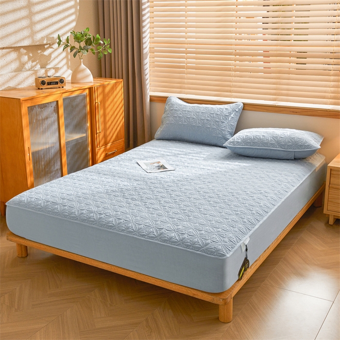 91家纺网 家纺一手货源 找家纺 3C 2025全棉蚕丝蛋白夹棉床笠 天星花-天空蓝