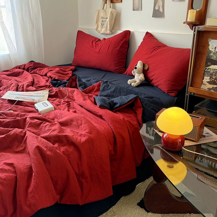 91家纺网 家纺一手货源 找家纺 耀达家居 2025新款水洗棉双拼夏被四件套 安可拉红➕藏蓝