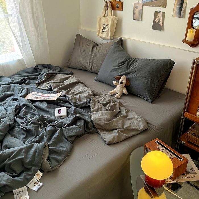 91家纺网 家纺一手货源 找家纺 耀达家居 2025新款水洗棉双拼夏被四件套 高级灰➕烟灰