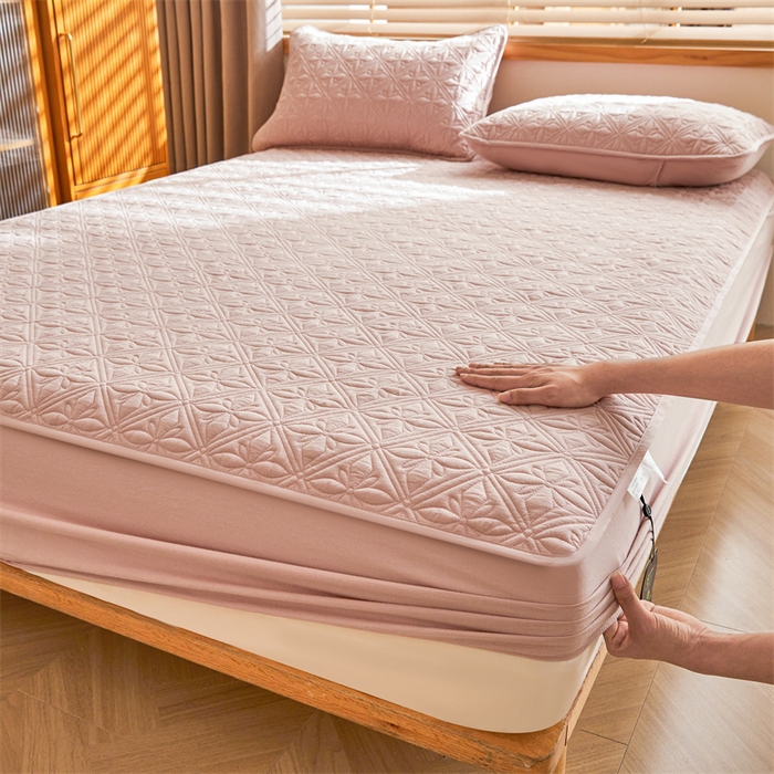 91家纺网 家纺一手货源 找家纺 3C 2025全棉蚕丝蛋白夹棉床笠 天星花-樱花粉