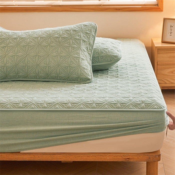 91家纺网 家纺一手货源 找家纺 3C 2025全棉蚕丝蛋白夹棉床笠 天星花-抹茶绿