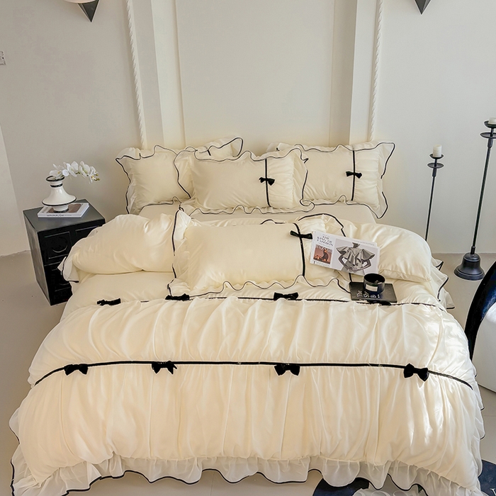 91家纺网 家纺一手货源 找家纺 梧桐家居 2025新款法式高定蝴蝶结赛琳娜雪纺花边四件套 赛琳娜-黄