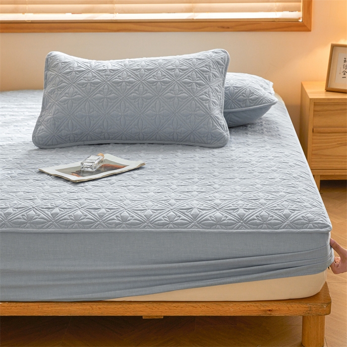 91家纺网 家纺一手货源 找家纺 3C 2025全棉蚕丝蛋白夹棉床笠 天星花-天空蓝