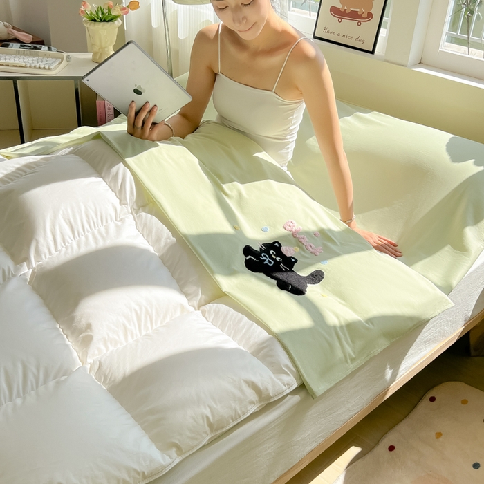 91家纺网 家纺一手货源 找家纺 柒星睡袋 2025新款款40支全棉纯色毛巾绣可拆分隔脏睡袋 黑猫 绿