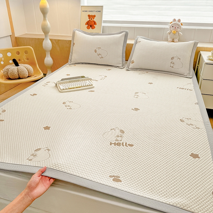 91家纺网 家纺一手货源 找家纺 绣女坊 2025新款冰豆豆提花凉席三件套 卡皮巴拉-卡其