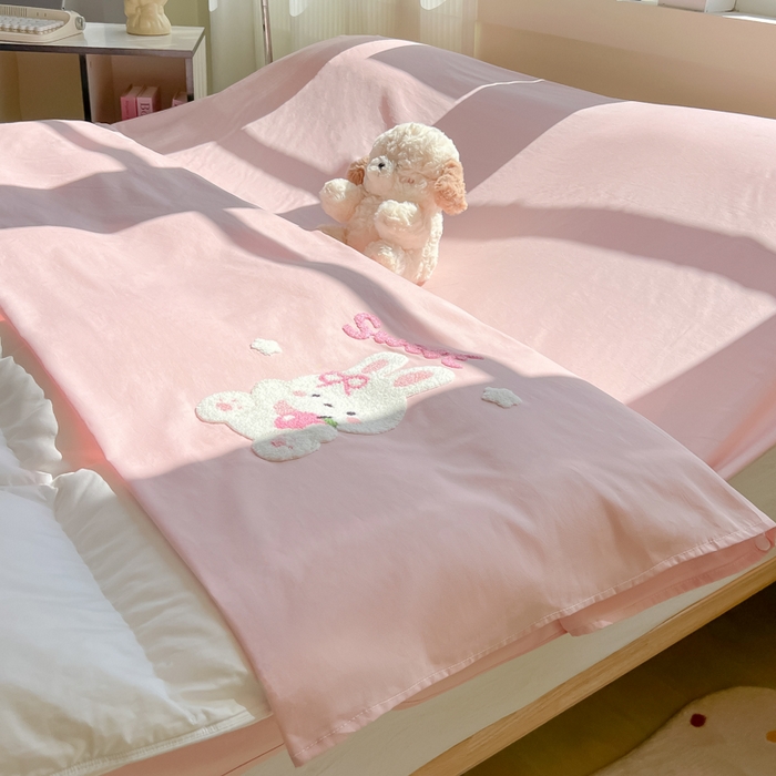 91家纺网 家纺一手货源 找家纺 柒星睡袋 2025新款款40支全棉纯色毛巾绣可拆分隔脏睡袋 小白兔 粉