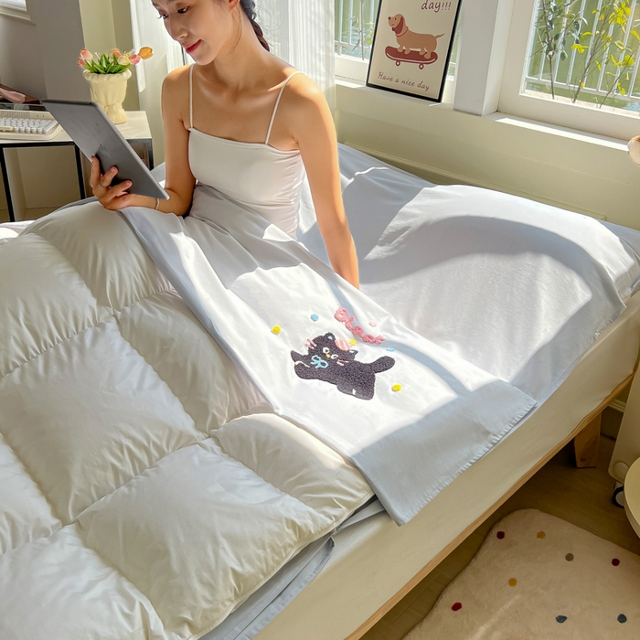 91家纺网 家纺一手货源 找家纺 柒星睡袋 2025新款款40支全棉纯色毛巾绣可拆分隔脏睡袋 黑猫 灰