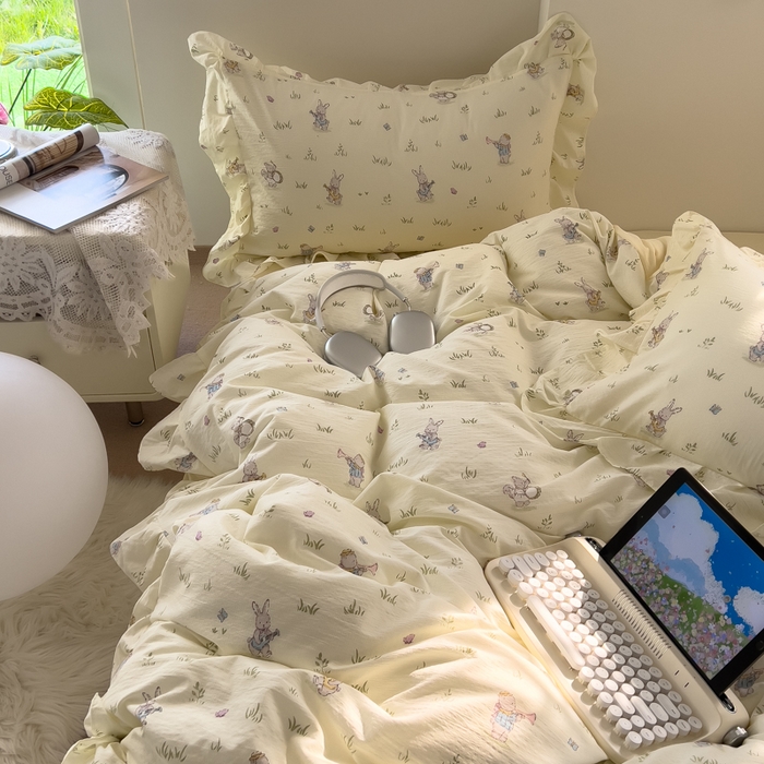 91家纺网 家纺一手货源 找家纺 希丞家居 2025新款云感提花双层纱花边四件套 音乐派对