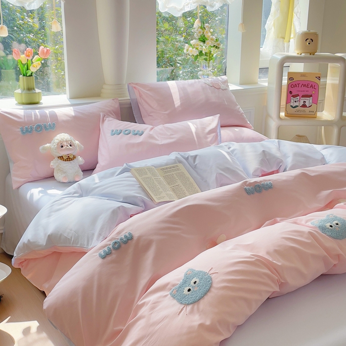 91家纺网 家纺一手货源 找家纺 锦觅家纺  2025新款奶油小清新毛巾绣全棉纯棉四件套-风格一（专版散花必须控价） 甜心小猫