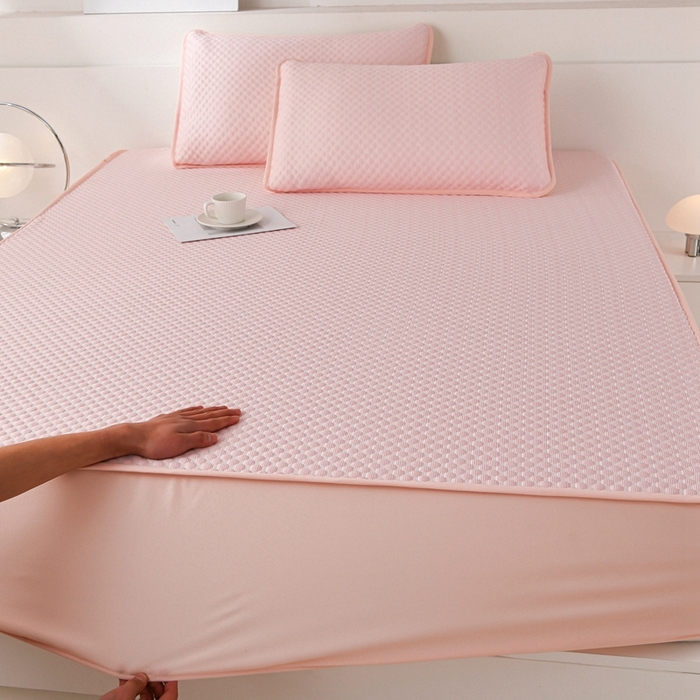 91家纺网 家纺一手货源 找家纺 梦之星 2025新款凉豆豆凉席三件套 纯色床笠款-粉