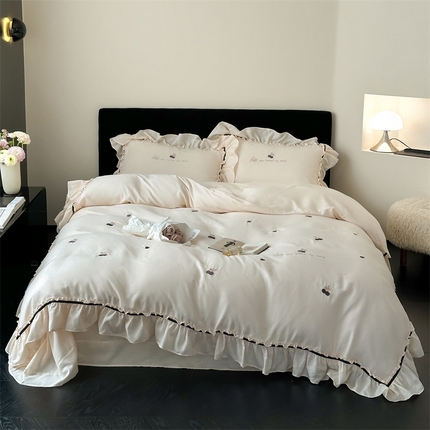 91家纺网 家纺一手货源 找家纺 名品优仓 2025新款纯棉水洗棉双层纱提花韩版花边四件套-颜可 颜可一奶昔白