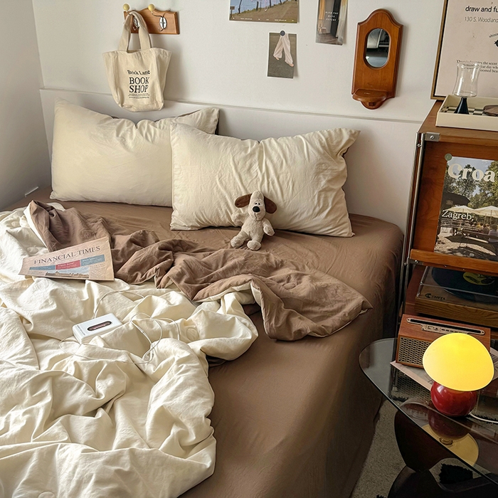 91家纺网 家纺一手货源 找家纺 耀达家居 2025新款水洗棉双拼夏被四件套 燕麦➕可可