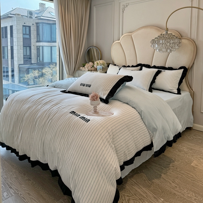 91家纺网 家纺一手货源 找家纺 千希家纺2025新款法式小香风四件套 法式条纹-繁星蓝