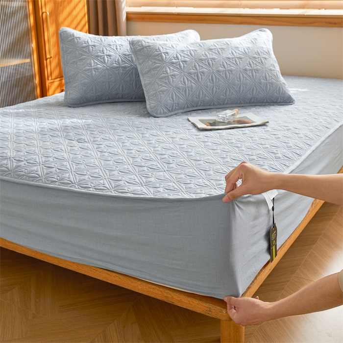 91家纺网 家纺一手货源 找家纺 3C 2025全棉蚕丝蛋白夹棉床笠 天星花-天空蓝