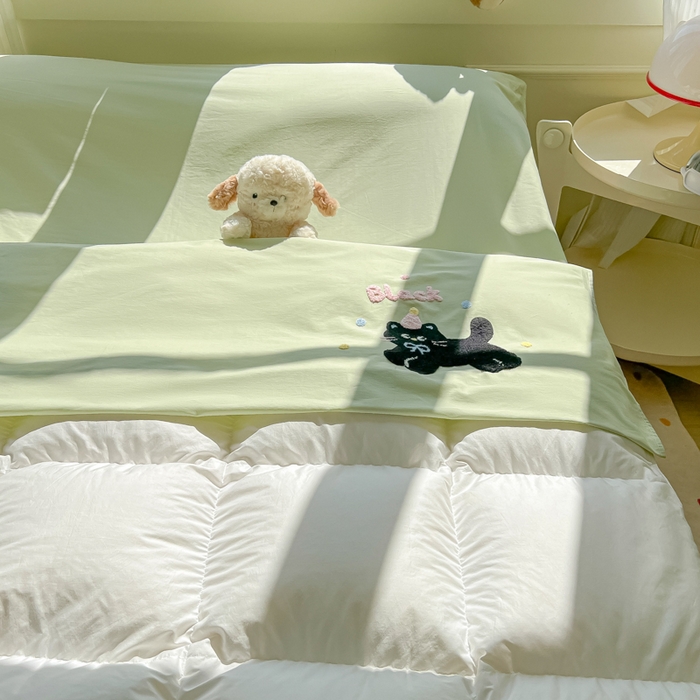 91家纺网 家纺一手货源 找家纺 柒星睡袋 2025新款款40支全棉纯色毛巾绣可拆分隔脏睡袋 黑猫 绿