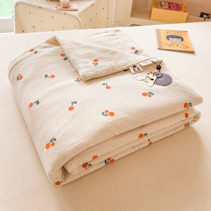 91家纺网 家纺一手货源 找家纺 薇玛仕 2025新款A类全棉双层皱皱纱印花款大豆夏凉被空调被儿童被被子被芯 小樱桃