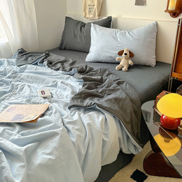 91家纺网 家纺一手货源 找家纺 耀达家居 2025新款水洗棉双拼夏被四件套 海盐蓝➕高级灰