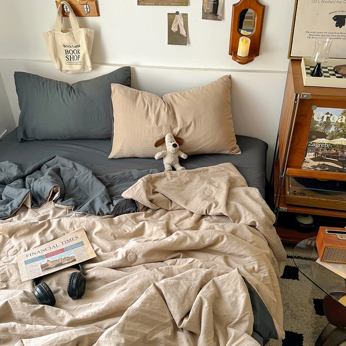 91家纺网 家纺一手货源 找家纺 耀达家居 2025新款水洗棉双拼夏被四件套 奶茶➕高级灰