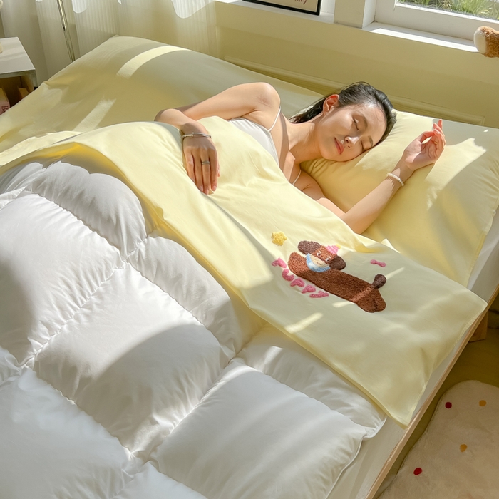 91家纺网 家纺一手货源 找家纺 柒星睡袋 2025新款款40支全棉纯色毛巾绣可拆分隔脏睡袋 帕皮狗 月光黄