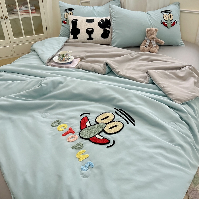 91家纺网 家纺一手货源 找家纺 眠帛家居 2025新款A类水洗皱皱纱毛巾绣夏被四件套 章鱼哥