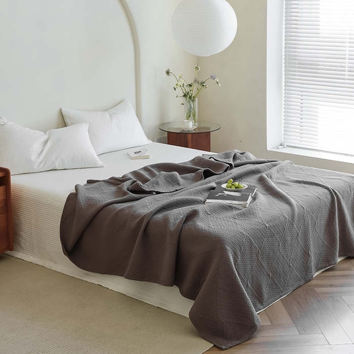 91家纺网 家纺一手货源 找家纺 雯雨家纺2025新款A类全棉加厚六层纱提花纯色盖毯 六层纱-深灰