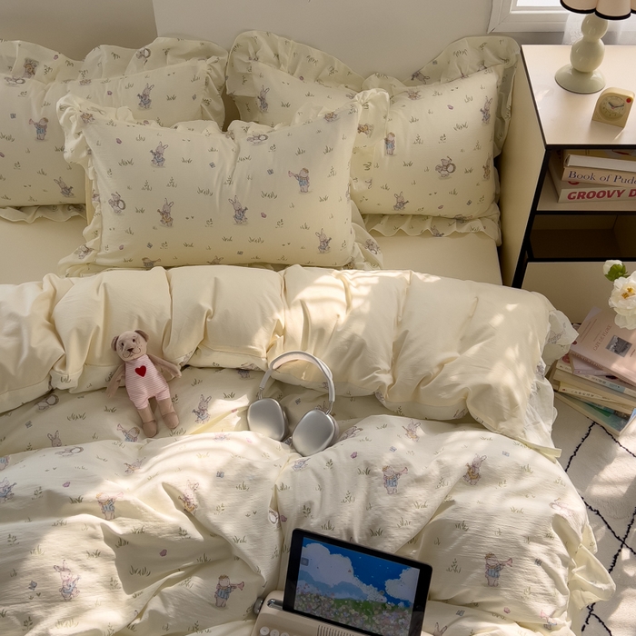 91家纺网 家纺一手货源 找家纺 希丞家居 2025新款云感提花双层纱花边四件套 音乐派对