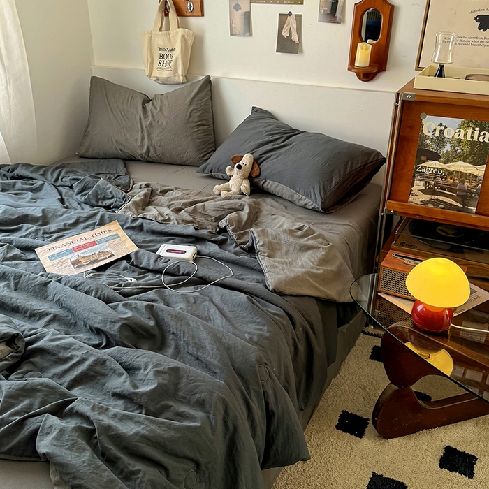 91家纺网 家纺一手货源 找家纺 耀达家居 2025新款水洗棉双拼夏被四件套 高级灰➕烟灰