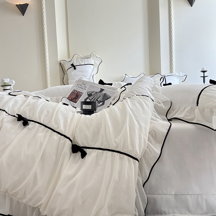 91家纺网 家纺一手货源 找家纺 梧桐家居 2025新款法式高定蝴蝶结赛琳娜雪纺花边四件套 赛琳娜-白