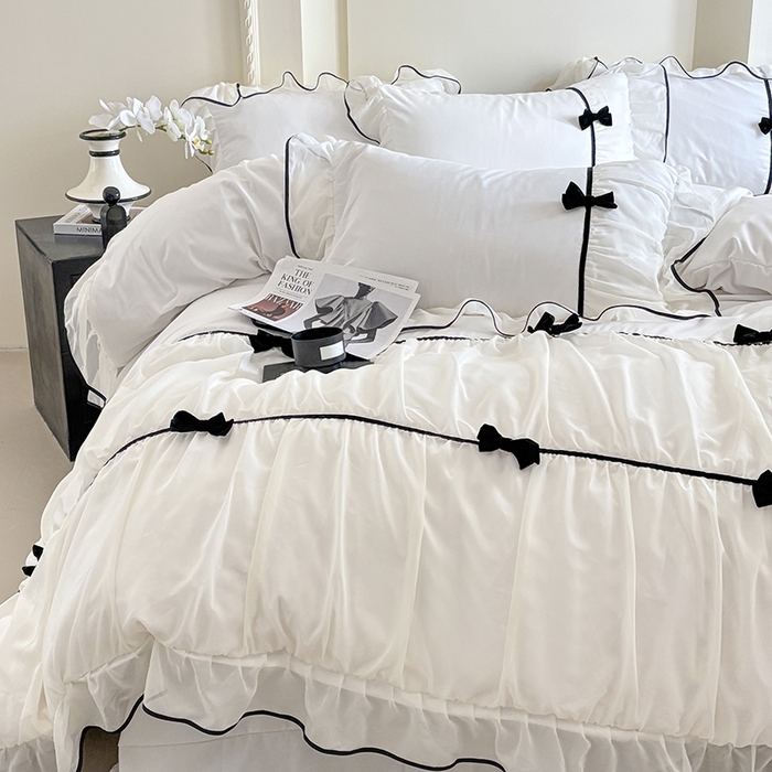 91家纺网 家纺一手货源 找家纺 梧桐家居 2025新款法式高定蝴蝶结赛琳娜雪纺花边四件套 赛琳娜-白