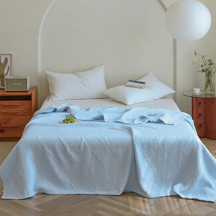 91家纺网 家纺一手货源 找家纺 雯雨家纺2025新款A类全棉加厚六层纱提花纯色盖毯 六层纱-浅蓝
