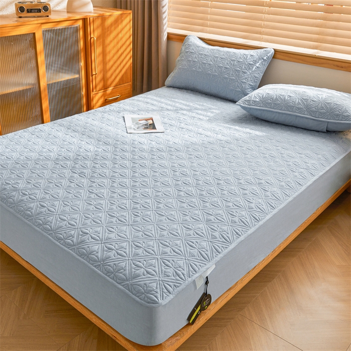 91家纺网 家纺一手货源 找家纺 3C 2025全棉蚕丝蛋白夹棉床笠 天星花-天空蓝