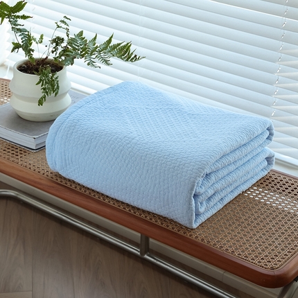 雯雨家纺2025新款A类全棉加厚六层纱提花纯色盖毯 六层纱-浅蓝