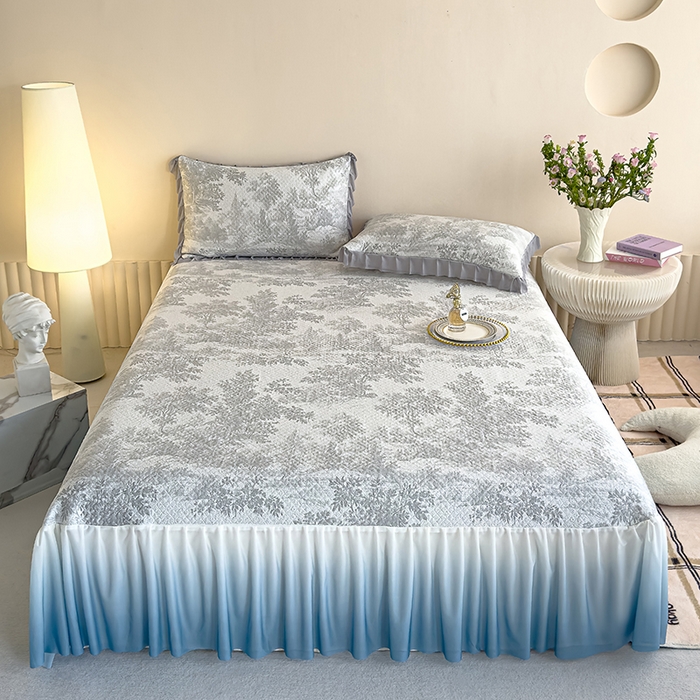 91家纺网 家纺一手货源 找家纺 冬然家纺 2025新款冰豆豆席子凉席床裙款 梦幻森林-灰