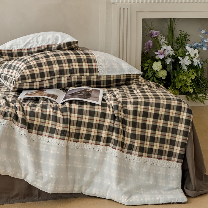 91家纺网 家纺一手货源 找家纺 曼町家居 2025春夏新款全棉纯棉双层纱法式镂空立体大花边夏被夏凉被空调被四件套 繁花