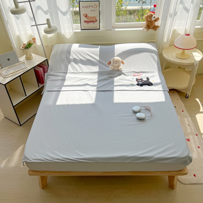 91家纺网 家纺一手货源 找家纺 柒星睡袋 2025新款款40支全棉纯色毛巾绣可拆分隔脏睡袋 黑猫 灰