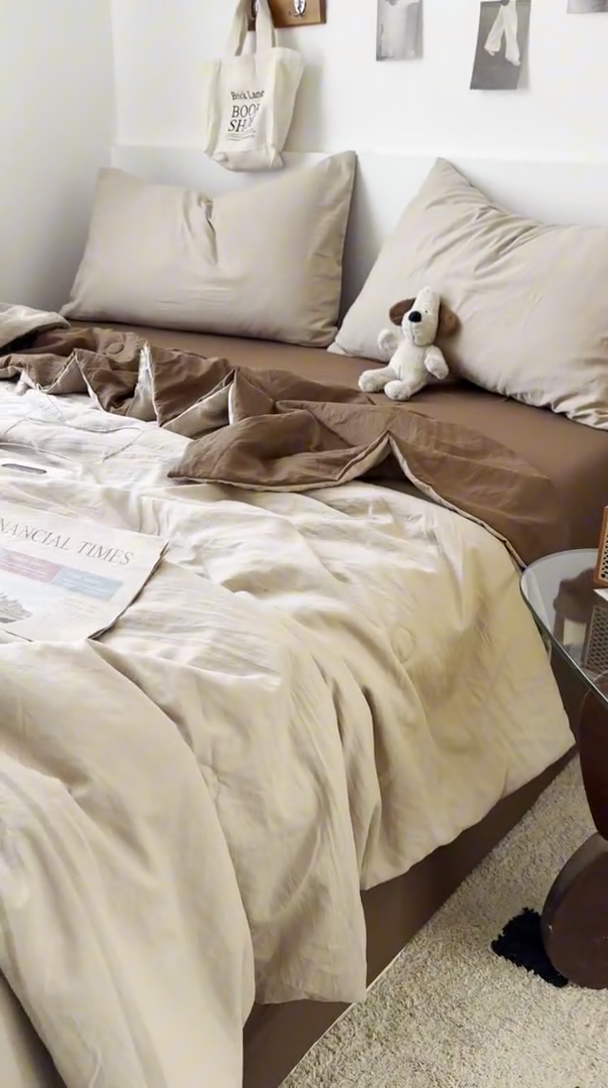 91家纺网 家纺一手货源 找家纺 耀达家居 2025新款水洗棉双拼夏被四件套 奶茶➕咖啡