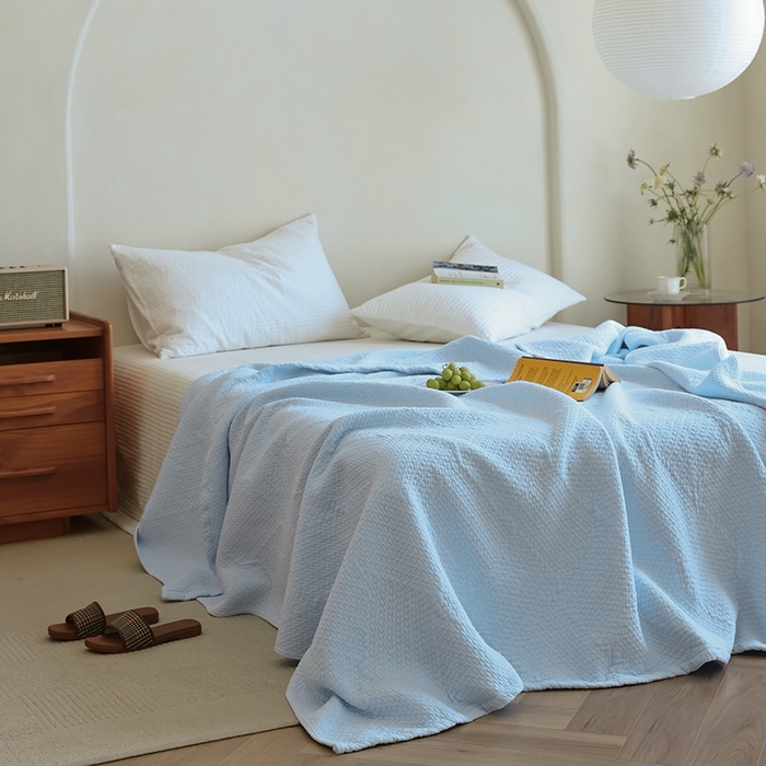 91家纺网 家纺一手货源 找家纺 雯雨家纺2025新款A类全棉加厚六层纱提花纯色盖毯 六层纱-浅蓝