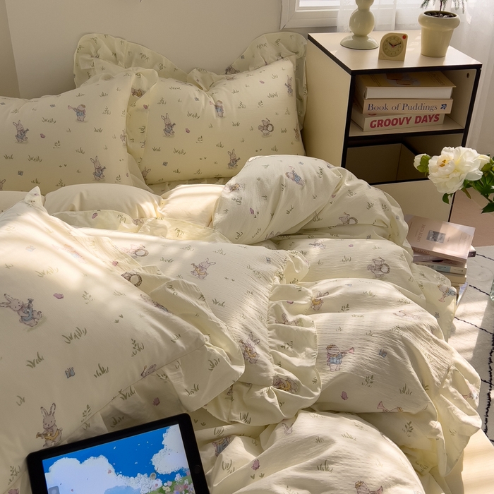 91家纺网 家纺一手货源 找家纺 希丞家居 2025新款云感提花双层纱花边四件套 音乐派对