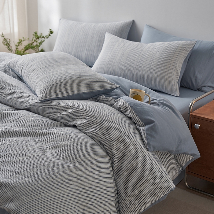 91家纺网 家纺一手货源 找家纺 千朵森  2025新款全棉色织提花条纹四件套 提花条纹-蓝