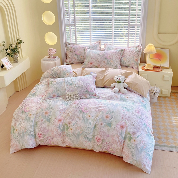 91家纺网 家纺一手货源 找家纺 星期三  2025年4月新款铂金全棉纯棉13372四件套 加微信有会员价 柔纱花影