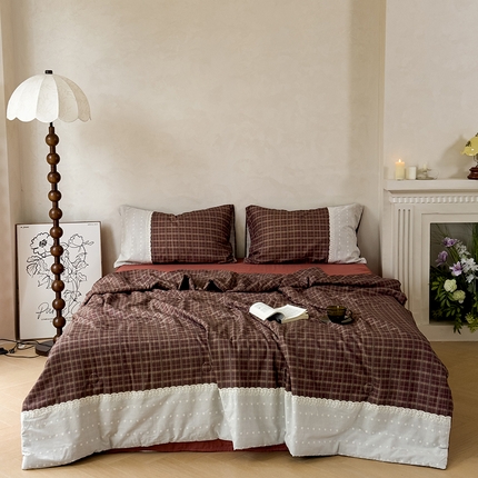 曼町家居 2025春夏新款全棉纯棉双层纱法式镂空立体大花边夏被夏凉被空调被四件套 佩斯利