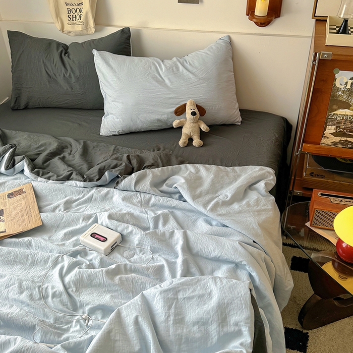 91家纺网 家纺一手货源 找家纺 耀达家居 2025新款水洗棉双拼夏被四件套 海盐蓝➕高级灰