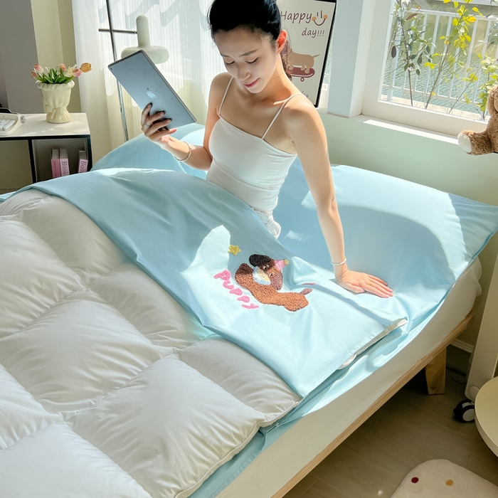 91家纺网 家纺一手货源 找家纺 柒星睡袋 2025新款款40支全棉纯色毛巾绣可拆分隔脏睡袋 帕皮狗 蓝